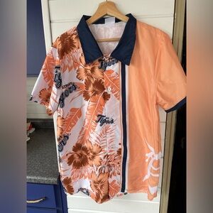 Vibrant Floral Tigers Button Down Shirt - Orange and Navy